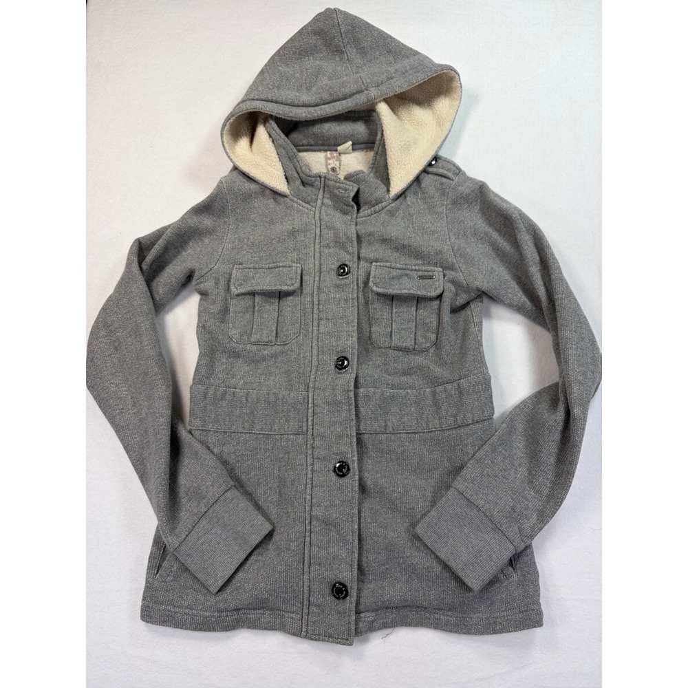 Element Wood & Thread Womens Gray Hooded Utility Jacket Button Zip Medium